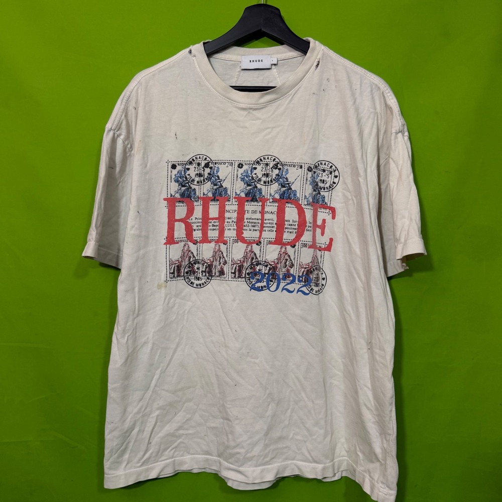 Rhude Monaco 2022 Stamp Graphic T-Shirt Mens Large Cream Streetwear Tee